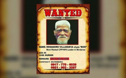 <p><strong>REWARD.</strong> Photo shows Menandro Villanueva alias Bok, the secretary of the Southern Mindanao Regional Committee (SMRC), who the military said on Monday (Dec. 27, 2021) has a PHP5.6 million cash bounty. He is considered as one of the recognized high leaders of the organization hiding in the strongholds of its armed wing of the New People's Army (NPA). <em>(Photo courtesy of PIA-Davao de Oro)</em></p>