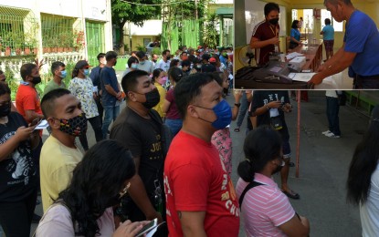 <p><strong>MOCK POLLS.</strong> Registered voters line up for the mock elections conducted by the Commission on Elections at the Pasay City West High School on Wednesday (Dec. 29, 2021). The activity aims to identify challenges that need to be addressed ahead of the May 9, 2022 national and local polls.<em> (PNA photo by Avito Dalan)</em></p>