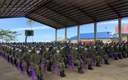 <p><strong>COMMUNITY DEFENDERS.</strong> The first batch of reservists completes basic military training of the Army's 11th Infantry Division (ID) in Jolo, Sulu on Jan. 23, 2021 and forms part of the first-ever Sulu Ready Reserve Battalion to fortify the community defense against the Abu Sayyaf Group bandits in Sulu. The 11ID also completed the training of another batch of reservists in December 2021 and one batch of militiamen in March 2021. (Photo courtesy of the 11ID Public Affairs Unit)</p>