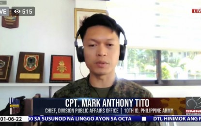 <p><strong>DWINDLING COMMUNIST GROUP</strong>. Capt. Mark Anthony Tito, spokesperson of the 10th Infantry Division (10ID), says in a web interview over SMNI's Laban Kasama ang Bayan Program on Thursday (Jan. 6, 2022) the New People’s Army's Southern Mindanao Regional Command (SMRC) is on the brink of collapse. The statement came after Menandro Villanueva alias Bok, the longest-serving secretary of the SMRC was neutralized by government forces in a village in Davao de Oro on Wednesday night. <em>(Screengrab of Capt. Mark Anthony Tito)</em></p>