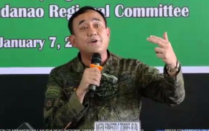 <p><strong>GOOD START.</strong> The Philippine Army's 10th Infantry Division Commander Ernesto Torres fetes the recent breakthrough of the military following the death of high-ranking New People's Army (NPA) leader Menandro Villanueva during a press briefing in Davao City on Friday (Jan. 7, 2022). In his message, Torres encouraged other active NPA members to surrender and accept the programs prepared by the government for them. <em>(Screengrab)</em></p>