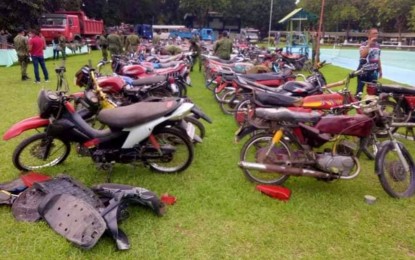 <p><strong>CARNAPPED NO MORE.</strong> Some of the stolen motorbikes that were recovered by policemen during law operations in Pikit, North Cotabato on Dec. 29, 2021. Owners of the motorcycles with Land Transportation Official Receipt and Certificate of Registration (OR/CR) have already claimed some of the vehicles. (Photo courtesy of PRO-12)</p>
