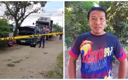<p><strong>CRIME SCENE</strong>. Police scene of the crime operatives conduct a post-crime probe in Barangay New Carmen, Tacurong City where radio journalist Jaynard Angeles (right) was shot dead at 10 a.m. on Wednesday (Jan. 12, 2022). Initial police report said motorcycle-riding in tandem gunmen shot the victim in the head. <em>(Photo courtesy of DXMS Cotabato City)</em></p>