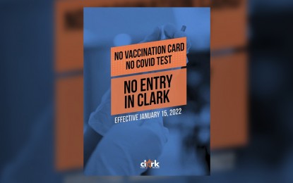 <p><strong>RIGID ENTRY RULES</strong>. The Clark Development Corporation will impose on Saturday (Jan. 15, 2022) a "no vaccination card, or no Covid test, no entry" policy at the Clark Freeport, Pampanga. The move is in response to the rising cases of Covid-19 in the country. <em>(Infographic courtesy of Clark Development Corporation)</em></p>