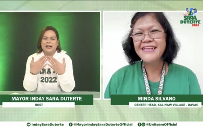 <p>Davao City Mayor Sara Duterte (left) and Minda Silvano, Center Head for Kalinaw Village, talk about Kalinaw Village – a residential care facility that houses former New People’s Army rebels who wish to undergo reformation and return to the fold of the law, during the Jan. 17 episode of the Mayor's online show “Sara All For You." (<em>Contributed photo</em>)</p>