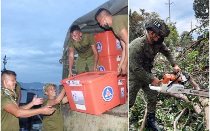 <p><strong>RELIEF OPERATIONS.</strong> Personnel of the Armed Forces of the Philippines help in the relief efforts for the victims of Typhoon Odette in these undated photos. Visayas Command commander, Lt. Gen. Robert Dauz, on Monday (Jan. 17, 2021) lauded the soldiers for their contribution to the relief and reconstruction efforts which are still ongoing a month after Typhoon Odette badly hit parts of the Visayas and Mindanao. <em>(Contributed photos)</em></p>