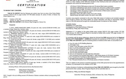 <p><strong>LPG PLANT RAID</strong>. Photo shows the copy of the blotter from the Danao City Police Office on the raid of an LPG refilling plant in Barangay Dunggoan in Danao City, Cebu province. Department of Energy-Visayas director Russ Mark Gamallo on Tuesday (Jan. 18, 2021) warned holders of LPG refilling permits not to engage in illegal activities that will compromise the terms and conditions under the standard compliance certificate.<em> (PNA photo by John Rey Saavedra)</em></p>