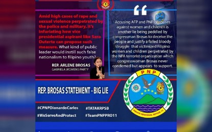 <p><strong>BIG LIE.</strong> The Police Regional Office in Davao Region (PRO-11) on Monday (Jan. 24, 2022) slams Gabriela Women's Party Rep. Arlene Brosas, calling her a lie for her remarks saying 'police and military personnel perpetrated high cases of rape and sexual violence.' PRO-11 clarified that the PNP has institutionalized the Women and Children’s Protection Desk and has filed criminal cases committed by the communist New People's Army against women and children. <em>(Photo courtesy of PRO-11)</em></p>