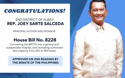 <p><strong>OPTIMISTIC.</strong> Albay Rep. Joey Salceda House Bill 8228 is optimistic that House Bill 8228 which he authored, will be approved on its final reading at the Senate next week. He said on Thursday (Jan. 27, 2022) the proposed measure seeks to upgrade the Bicol Regional Training and Teaching Hospital into a modernized facility with a bed capacity of 800 from the present 250.<em> (Infographic from Rep. Joey Salceda's Facebook page)</em></p>