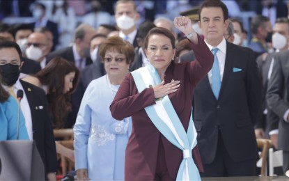 <p><strong>1ST FEMALE PRESIDENT.</strong> President-elect Xiomara Castro is sworn in as Honduras' first woman president on Thursday (Jan. 27, 2022). The wife of former president Manuel Zelaya, who was ousted in a coup 12 years ago, Castro took office after a landslide victory in a November election.<em> (Anadolu)</em></p>