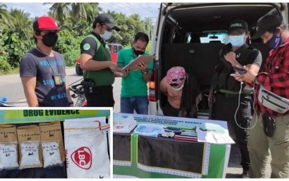 <p><strong>BUSTED PUSHER.</strong> Suspected drug peddler Yusoph Gumander (seated) is arrested by Philippine Drug Enforcement Agency agents during a drug buy-bust in Sultan Mastura, Maguindanao on Thursday (Jan. 27. 2022). PDEA agents seized more than PHP1 million worth of shabu (inset) from the suspect. <em>(Photo courtesy of PDEA-BARMM)</em></p>