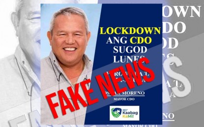 <p><strong>DISINFORMATION.</strong> The Cagayan de Oro City government on Saturday (Jan. 29, 2022) debunks the manipulated image of Mayor Oscar Moreno used in a false quote card that claimed the city will be on lockdown starting Monday. The image has been circulated among local groups and communities on Facebook. <em>(Supplied photo)</em></p>