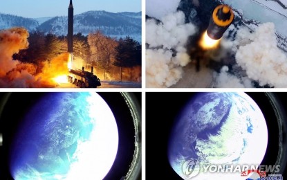 <p><strong>MISSILE TEST FIRE.</strong> This composite photo, released by North Korea's official Korean Central News Agency, shows its intermediate-range ballistic missile, Hwasong-12, being launched on Jan. 30, 2022. North Korea previously shot it in September 2017.<em> (Yonhap photo)</em></p>