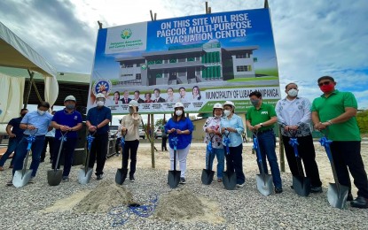 <p><strong>EVACUATION CENTER.</strong> Andrea Domingo (fourth from left), chair and chief executive officer of the Philippine Amusement and Gaming Corporation (Pagcor), leads the groundbreaking ceremony on Thursday (Feb. 3, 2022) for the construction of a P50-million multi-purpose evacuation center in Lubao, Pampanga. Also in the photo are former President Gloria Macapagal Arroyo (fourth from right) and some provincial officials.<em> (Contributed photo)</em></p>