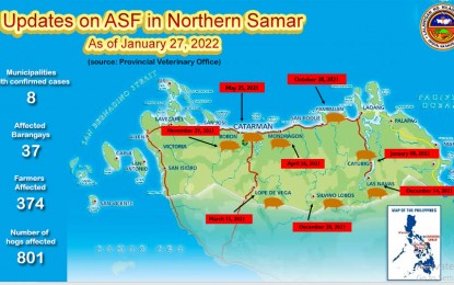 <p><strong>ASF INFECTIONS.</strong> The map in Northern Samar identifying areas affected by African swine fever from March 2021 to January 27, 2022. Four towns in Northern Samar province are eyeing to take part in a massive swine repopulation program in the bid to revive the local hog industry.<em> (Photo courtesy of Northern Samar government)</em></p>