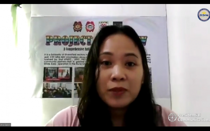 <p><strong>NOT RED-TAGGING. A</strong>lma Gabin, former education deputy secretary of the Eastern Visayas Regional Party Committee of the CPP-NPA-NDF, says she is not red-tagging when she and three other former CPP-NPA-NDF cadres confirmed that Makabayan Bloc or “KABAG” (Kabataan, Anakbayan, Bayan Muna, ACT, Gabriela) lawmakers are also officials of the communist group. Gabin guested in the weekly virtual press briefing of the National Task Force to End Local Communists Armed Conflictn Monday (Feb. 7, 2022). <em>(Screengrab from PCOO/RTVM)</em></p>