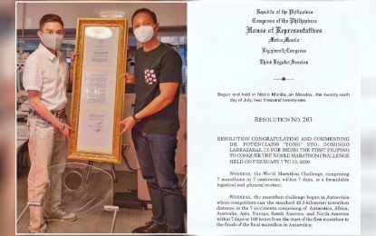 <p><strong>WORLD MARATHONER</strong>. Dr. Potenciano "Yong" Larrazabal receives the framed copy of the House Resolution No. 203 series of 2021 from Cebu's 5th District Rep. Vincent Franco Frasco on Tuesday (Feb. 8, 2022). Right photo shows the first page of the resolution commending Larrazabal, a renowned eye surgeon, for finishing the World Marathon Challenge. <em>(Photo courtesy of Yong Larrazabal's FB page)</em></p>