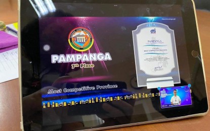 <p><strong>RECOGNITION.</strong> The provincial government of Pampanga receives a plaque of recognition as the seventh most competitive province during the Department of Trade and Industry-Central Luzon’s virtual Regional Competitiveness Summit on Thursday (Feb. 10, 2022). The competitiveness index of cities, towns, and provinces is an annual ranking developed by the National Competitiveness Council through the Regional Competitiveness Committees with the assistance of the United States Agency for International Development.<em> (Photo courtesy of the provincial government of Pampanga)</em></p>
