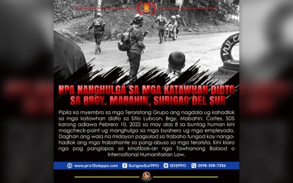 <p><strong>HARASSMENT HIT.</strong> The Surigao del Sur Police Provincial Office (SDSPPO) criticizes the New People’s Army (NPA) for harassing and intimidating civilians when they blocked a portion of the national highway Thursday morning (Feb. 10, 2022) in Sitio Lubcon, Barangay Mabahin, Cortes, Surigao del Sur. The SDSPPO said the highway was cleared at around 9:00 a.m. Thursday after the rebels dispersed in different directions. <em>(Photo grabbed from SDSPPO FB Page)</em></p>