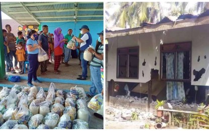 <p><strong>AID FOR DISPLACED FAMILIES.</strong> Police and social welfare workers (left) distributed Monday (Feb. 14, 2022) food aid to families displaced when skirmishes between warring families erupted over the weekend. The right photo shows one of the several houses hit by bullets during the skirmishes. <em>(Photos courtesy of resident Esmael Ula and Sultan Kudarat PNP)</em></p>