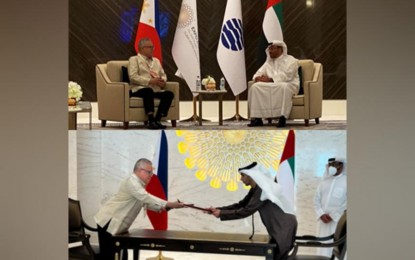 <p><strong>PH-UAE TIES.</strong> Trade Secretary Ramon Lopez (left) meets with Minister of State Ahmed Ali al Sayegh (top) and Foreign Trade Minister Thani bin Ahmed Al Zeyoudi (bottom) of the United Arab Emirates at the sidelines of the Philippines' National Day at Expo 2020 Dubai on Feb. 11, 2022. The Philippines and the United Arab Emirates (UAE) aim to boost bilateral trade and investments with the signing of a bilateral investment agreement, and officially kicking off talks for a trade deal. <em>(Photo courtesy of DTI)</em></p>