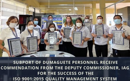 <p><strong>HUGE FEAT.</strong> Personnel of the Bureau of Customs (BOC) Subport of Dumaguete are commended for a successful ISO 9001:2015 Quality Management System in this undated photo. This, as the office recorded its highest-ever monthly revenue collection in January 2022. <em>(Photo courtesy of the BOC Dumaguete Subport)</em></p>