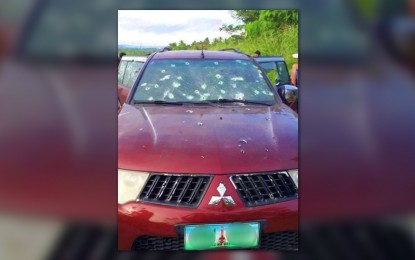 <p><strong>AMBUSHED.</strong> The bullet-ridden sports utility vehicle where Pegs Mamasainged, alias Commander Black Magic, was riding during the February 12 ambush in Guindulungan, Maguindanao that left 10 people dead. Police said Thursday (Feb. 17, 2022) they have filed charges against 22 people linked to the incident. <em>(Photo from Maguindanao PNP and DMXS Radio)</em></p>
