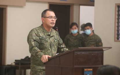 <p><strong>TALK TO THE TROOPS.</strong> Armed Forces of the Philippines Chief of Staff Gen. Andres Centino lauds the 1003rd Infantry “Raptor” Brigade for dismantling the Sub-Regional Committee 5, Southern Mindanao Regional Committee of the communist New People’s Army (NPA) during his visit to Davao City on Feb. 16, 2022. He also congratulated the units under the Eastern Mindanao Command for the neutralization of NPA leaders - Jorge Madlos alias Ka Oris and Menardo Villanueva alias Bok, among others. <em>(Photo courtesy of 10th Infantry Division)</em></p>