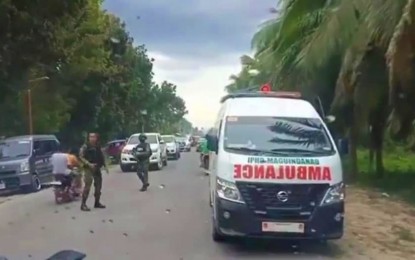 <p><strong>BLAST SITE.</strong> Police and soldiers respond to a roadside explosion in Maguindanao while the convoy of local political candidates was passing by on Tuesday afternoon (Feb. 22, 2022). Nobody was hurt in the incident. <em>(Photo courtesy of Maguindanao PNP)</em></p>