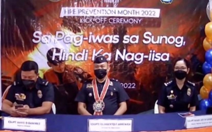 <div dir="auto"><strong>FIRE PREVENTION MONTH</strong>. BFP director for operations chief Supt. Felixberto Abrenica (center), seated with BFP-7 regional director chief Supt. Jaime Ramirez and deputy for operations Senior Supt. Mary Joy Candelario, leads other officials in the Central Visayas version of simultaneous kick-off of the Fire Prevention Month 2022 on Tuesday (March 1) at the regional headquarters in Cebu City. Abrenica urged firefighters to continuously engage with the communities for its fire safety campaign plan and activities. <em>(Screengrab from BFP-7 video)</em></div>
