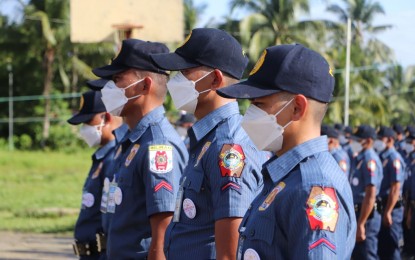 <p><strong>SAFER POLLS.</strong> Some of the police officers during their send-off ceremony in Babatngon, Leyte on March 1. The Philippine National Police (PNP) has sent 235 junior police officers to Samar province for peacekeeping missions ahead of the campaign period for local candidates. <em>(Photo courtesy of PNP Region 8)</em></p>