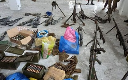 <p><strong>ARMS CACHE.</strong> Troops recover an arms cache at the fallen lair of the Dawlah Islamiya-Maute Group (DI-MG) in Maguing, Lanao del Sur on March 1, 2022. The Army's 103rd Infantry Brigade announced on Friday (March 4, 2022) that two of the eight slain Islamic State for Iraq and Syria (ISIS)-inspired Dawlah Islamiya-Maute Group members were sub-leaders of the terrorist group. <em>(Photo courtesy of 103IB)</em></p>