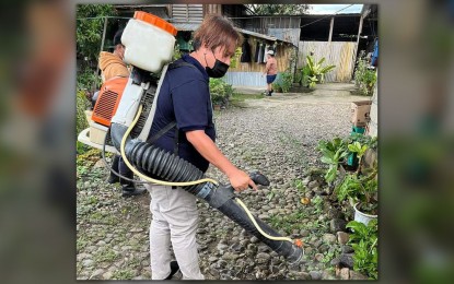 <p><strong>ANTI-DENGUE OPS.</strong> A sanitary inspector conducts a search-and-destroy operation against breeding sites of mosquitoes Friday (March 4, 2022) in Barangay San Roque, Zamboanga City as dengue cases soar to 338 with nine deaths since January. The city health office reminded residents to always protect themselves from dengue through the 4S strategy. <em>(Photo courtesy of Zamboanga CIO)</em></p>