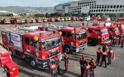 <p><strong>FIRE PREVENTION.</strong> Fire trucks line up before a motorcade in Cebu City on March 1. To mark Fire Prevention Month. Mayor Michael Rama said in a press conference on Monday (March 7, 2022) that fire trucks will be deployed in fire-prone areas.<em> (Photo courtesy of Caloy Ramirez via BFP-Cebu City Facebook)</em></p>