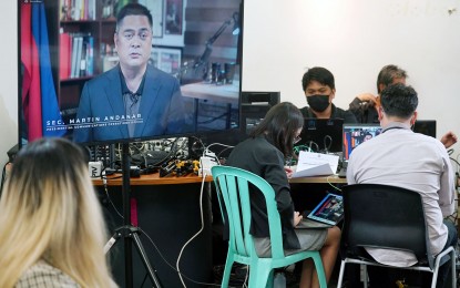 <p><strong>ANTI-CORRUPTION PANEL.</strong> Presidential Communications Operations Office (PCOO) Secretary Martin Andanar delivers video message during the launch of the PCOO Anti-Corruption Committee (ACC) at the Times Plaza Building along UN Ave. in Ermita, Manila on Monday (March 7, 2022). The anti-corruption panel is part of the PCOO's efforts to curb corruption within its agencies. <em>(PNA photo by Ben Briones)</em></p>