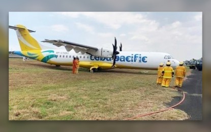 <p><strong>RUNWAY EXCURSION.</strong> A Cebu Pacific aircraft experienced runway excursion at the Ninoy Aquino International Airport on Tuesday (March 8, 2022), causing delay and diversion to a number of flights due to runway obstruction. All passengers and crew of flight DG 6112 from Naga City are safe and the runway was reopened at 1:33 p.m. <em>(Contributed photo)</em></p>