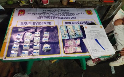 <p><strong>DRUGS SEIZED</strong>. Operatives of the Bacolod City Police Office City Drug Enforcement Unit seize PHP768,400 worth of suspected shabu from a couple in Gardenville Subdivision, Barangay Tangub on Tuesday afternoon (March 8, 2022). The suspects were identified as Roberto Dingcong and Jenny Babes Montealto. <em>(Photo courtesy of Bacolod City Police Office)</em></p>