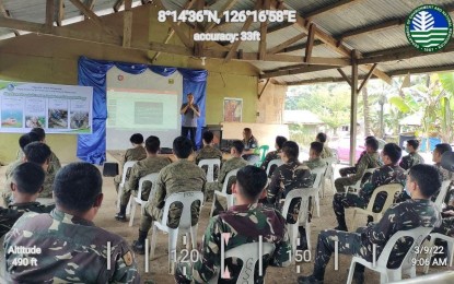 <p><strong>ENVIRONMENTAL ORIENTATION.</strong> The Community Environment and Natural Resources Office - Bislig conducts a daylong Education and Information Campaign course on Wednesday (March 9, 2022) among the CAA members of the Delta Company of 48IB in Barangay Maharlika, Bislig City, Surigao del Sur. The activity was aimed at orienting the CAAs on existing environmental laws, rules, and regulations in the country. <em>(Photo courtesy of CENRO-Bislig)</em></p>