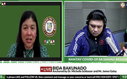 <p><strong>GET BOOSTED.</strong> Dr. Michelle Schlosser, focal person of Davao City Covid-19 Task Force, underscores the importance of getting booster jabs during a radio interview on Friday (March 11, 2022). Schlosser says that of the 1.78 million population of the city, only 15,289 have received  booster shots.<em> (Screengrab)</em></p>