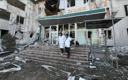 <p>PHOTO: A view of a damaged hospital as civilians continue to hide in a bomb shelter under the hospital amid Russian-Ukrainian conflict in the city of Volnovakha, Donetsk Oblast, Ukraine on March 12, 2022.</p>
