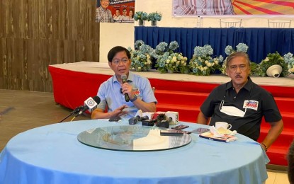 <p><strong>ISABELA MEETING.</strong> Poll candidates Senator Panfilo Lacson and Senate president Vicente Sotto III answer queries from media practitioners during a press conference at the Hotel Andrea in Cauayan City on Monday (March 14, 2022). The two claimed there is no reality to the so-called 'Solid North' backing the candidacy of Ferdinand “Bongbong” Marcos Jr. <em>(Photo by Villamor Visaya Jr.)</em></p>