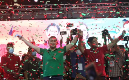 <p>UniTeam presidential candidate former senator Bongbong Marcos and running mate Sara Duterte<em> (PNA file photo)</em></p>