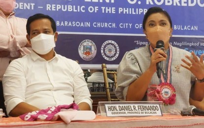 <p><strong>ENDORSEMENT</strong>. Governor Daniel Fernando officially endorses Vice President Leni Robredo's presidential candidacy at the Barasoain Church in Malolos City, Bulacan on Monday (March 14, 2022). Fernando said he strongly believes that Robredo is the most qualified candidate for the country's top position.<em> (Photo by Manny Balbin)</em></p>