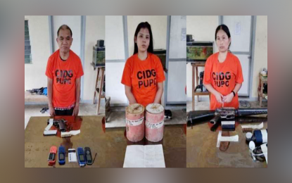 <p><strong>BOMB-MAKING EXPERT.</strong> Victor Rollon (extreme left), also known as Rico Rollon, bombmaker of Komisyong Mindanao (KOMMID) and Southern Mindanao Regional Committee (SMRC), the most notorious New People’s Army (NPA) bomb-making expert in Southern Mindanao falls on March 9, 2022 along with two others during law enforcement operations in Barangay La Filipina, Tagum City. Rollon has been wanted for murder and serious illegal detention.<em> (Photo courtesy of Eastmincom)</em></p>