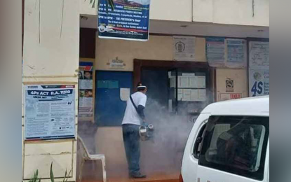 <p><strong>ANTI-DENGUE MEASURE.</strong> Health personnel conducts a fogging operation against dengue-carrier mosquitos in one of the government offices in Zamboanga  City in this undated photo. The city health office on Thursday (March 17, 2022) bared that 505 cases of dengue with nine deaths have been recorded in the area since January 2022. <em>(Photo courtesy of Zamboanga CIO)</em></p>