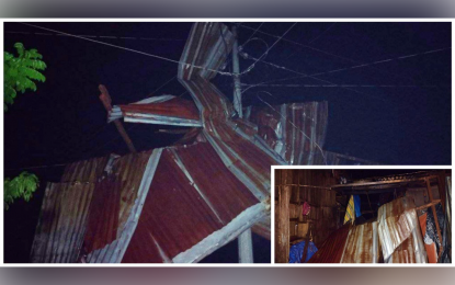 <p><strong>BLOWN AWAY.</strong> The torn corrugated sheets from houses made of light materials in Barangay Timanan, South Upi, Maguindanao hang on an electric post after what locals believed was a tornado that hit the town center Wednesday night, March 16, 2022. At least 14 houses (inset) were destroyed by the strong winds.  <em>(Photos courtesy of resident Prince Kusain)</em></p>