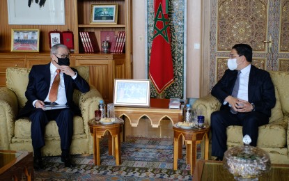 <p><strong>PH, MOROCCO TALKS</strong>. Foreign Affairs Secretary Teodoro Locsin Jr. and Moroccan Minister of Foreign Affairs Nasser Bourita during a bilateral meeting at the latter's office in Rabat, Morocco on Tuesday (March 16, 2022). Both countries sign agreements to enhance opportunities between both countries including connectivity and boost tourism. <em>(PNA photo) </em></p>