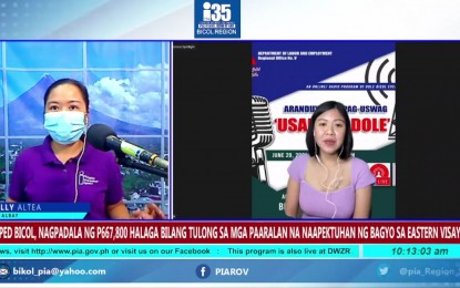 <p><strong>WOMEN POWER.</strong> Department of Labor and Employment in Bicol spokesperson Johanna Vi Gasga (right) in a radio interview on Friday (March 18, 2022) said out of 145,764 TUPAD beneficiaries, 57,657 were women coming from the informal sector in the region. The TUPAD is a community-based package of assistance that provides emergency employment to displaced workers, underemployed and seasonal workers. <em>(Screengrab via Zoom)</em></p>