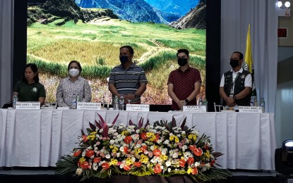 <p><strong>INAUGURATION</strong>. National Irrigation Administration chief Ricardo Visaya (center), together with (from left) Upper Pampanga River Integrated Irrigation System engineers Elenita Tuquero and Rosalinda Bote, NIA Deputy Administrator for Administrative and Finance Ralph Du, and UPRIIS Division II manager Alvin Manuel Sr. during the inauguration of four projects in Nueva Ecija on Friday (March 18, 2022). The projects are part of the agency’s modernization program and will benefit more than 14,000 farmers. <em>(PNA photo by Marilyn Galang</em></p>