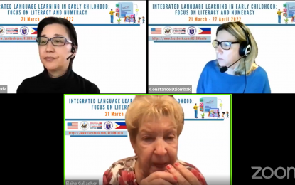 <p><strong>CLIL CONCEPT</strong>. Three American English Language Specialists share how vital the Content and Language Integrated Learning (CLIL) concept is for English language learning among Kindergarten to Grade 3 students, in a webinar launched by the Department of Education (DepEd) and the Regional English Language Office Manila on Monday (March 21, 2022). It is the first part of their webinar series focused on literacy and numeracy.<em> (Screengrab from DepEd webinar)</em></p>